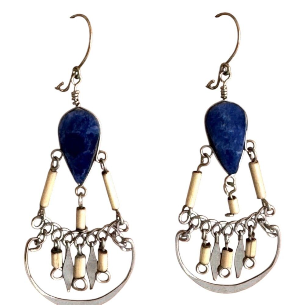 Lapis Lazuli Bamboo .925 Silver Earrings #126